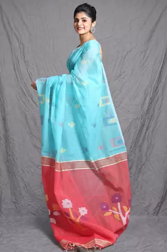 Sky blue handloom saree with floral pallu