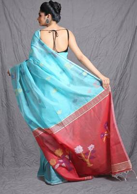 Sky blue handloom saree with floral pallu 3