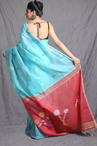 Sky blue handloom saree with floral pallu