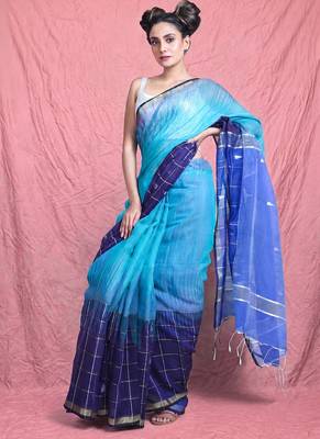 Sky & navy blue handloom saree with silver check 1
