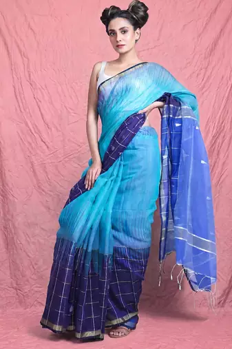 Sky & navy blue handloom saree with silver check