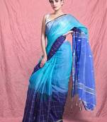 Sky & navy blue handloom saree with silver check