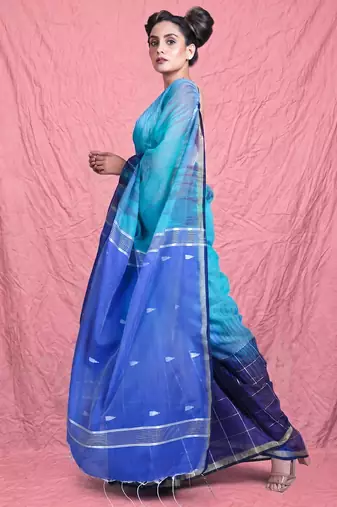 Sky & navy blue handloom saree with silver check