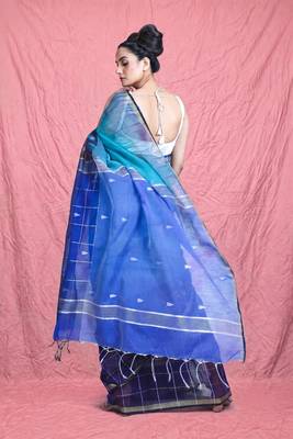 Sky & navy blue handloom saree with silver check 3