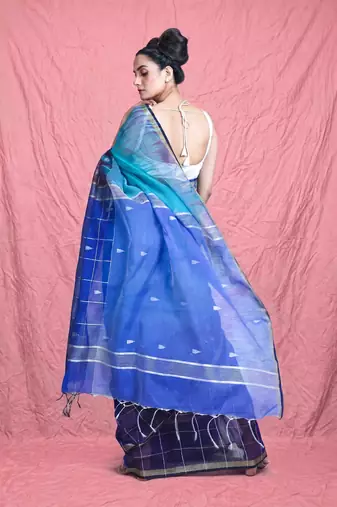 Sky & navy blue handloom saree with silver check