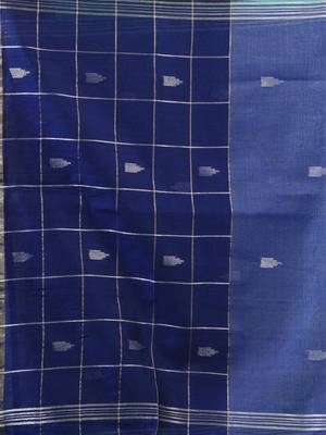 Sky & navy blue handloom saree with silver check 4