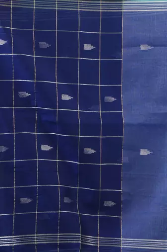 Sky & navy blue handloom saree with silver check