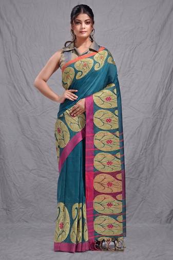 teal cotton blend handwoven saree with kolka border