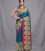 teal cotton blend handwoven saree with kolka border
