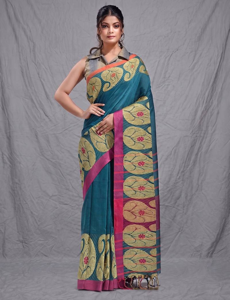 teal cotton blend handwoven saree with kolka border