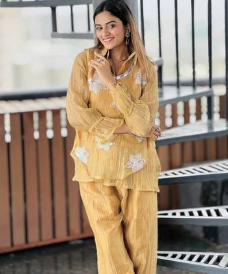 elegant mustard yellow embroidered kurti pant set with floral detailing   stylish women   ethnic wear 2