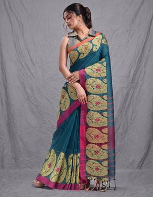 teal cotton blend handwoven saree with kolka border 2