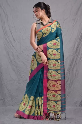 teal cotton blend handwoven saree with kolka border