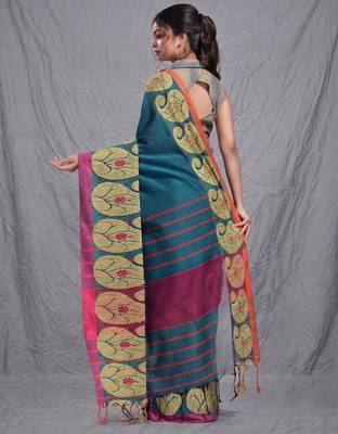 teal cotton blend handwoven saree with kolka border 3