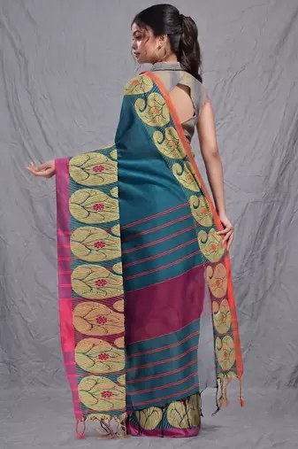 teal cotton blend handwoven saree with kolka border