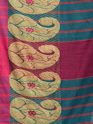 teal cotton blend handwoven saree with kolka border 4