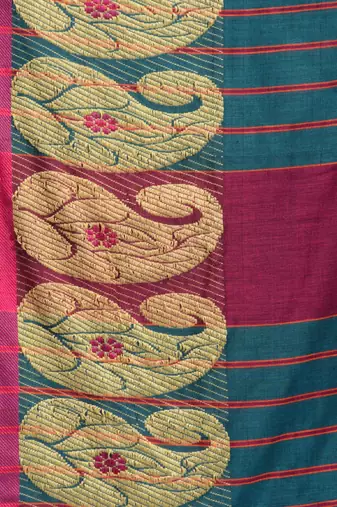 teal cotton blend handwoven saree with kolka border