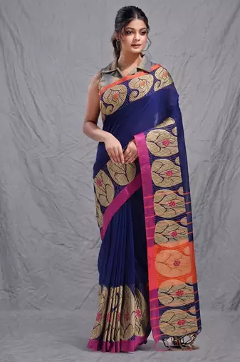 royal blue cotton blend handwoven saree with kolka border