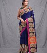 royal blue cotton blend handwoven saree with kolka border