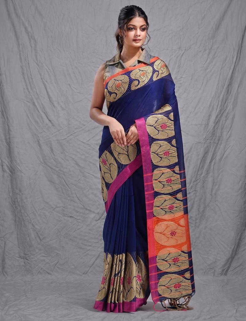royal blue cotton blend handwoven saree with kolka border