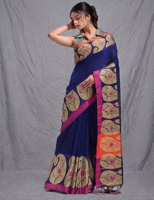 royal blue cotton blend handwoven saree with kolka border 2