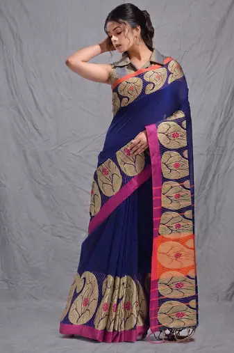 royal blue cotton blend handwoven saree with kolka border