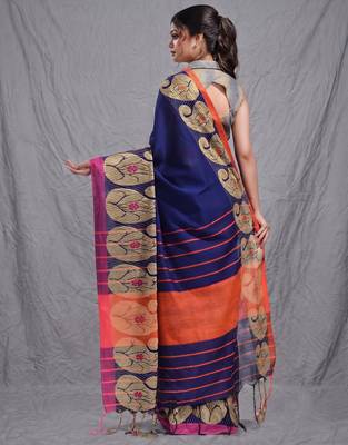 royal blue cotton blend handwoven saree with kolka border 3