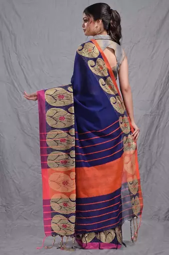 royal blue cotton blend handwoven saree with kolka border