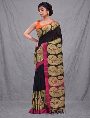 black cotton blend handwoven saree with kolka border 1