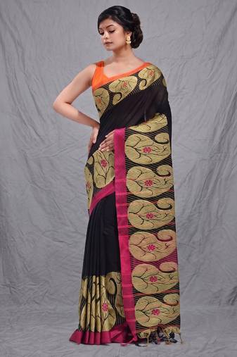 black cotton blend handwoven saree with kolka border