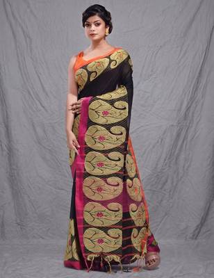 black cotton blend handwoven saree with kolka border 2