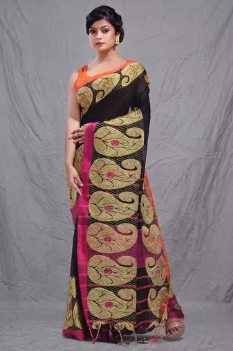 black cotton blend handwoven saree with kolka border