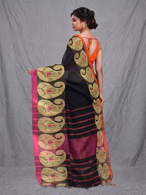 black cotton blend handwoven saree with kolka border 3