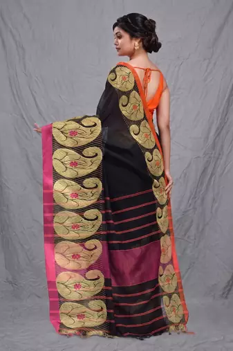black cotton blend handwoven saree with kolka border