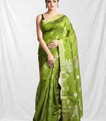 Slimy green leaf motif zari weaving handloom saree