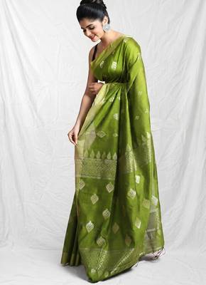 Slimy green leaf motif zari weaving handloom saree 2