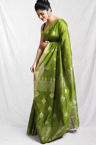 Slimy green leaf motif zari weaving handloom saree