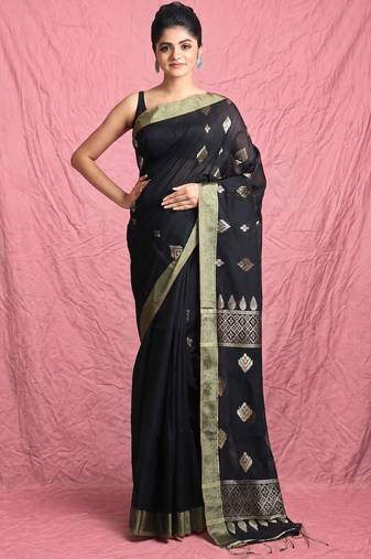 Black leaf motif zari weaving handloom saree