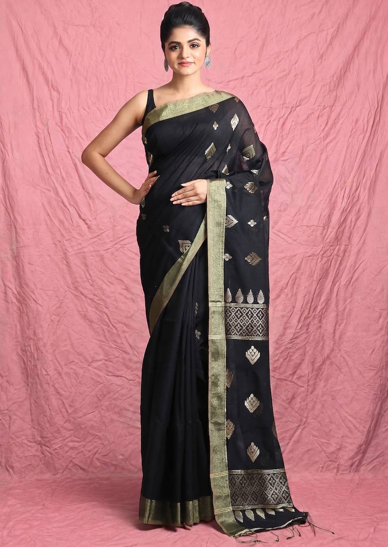 Black leaf motif zari weaving handloom saree
