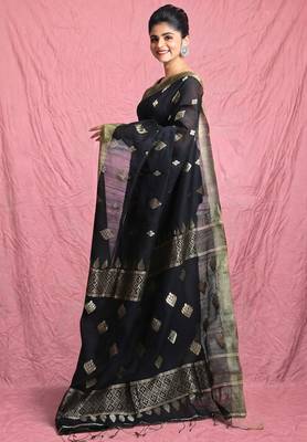 Black leaf motif zari weaving handloom saree 2