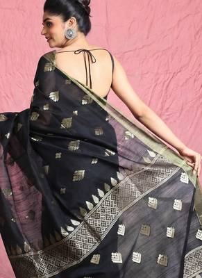 Black leaf motif zari weaving handloom saree 3