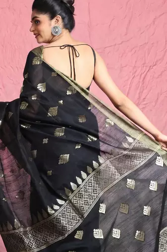 Black leaf motif zari weaving handloom saree