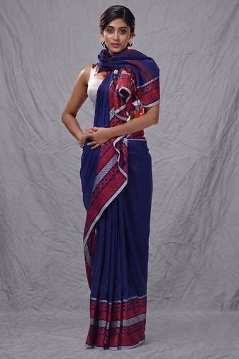 blue cotton blend handwoven saree with texture borders