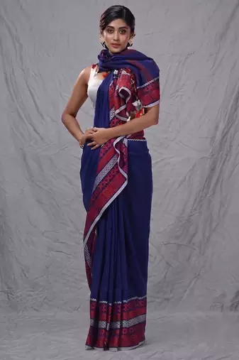 blue cotton blend handwoven saree with texture borders