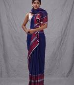 blue cotton blend handwoven saree with texture borders