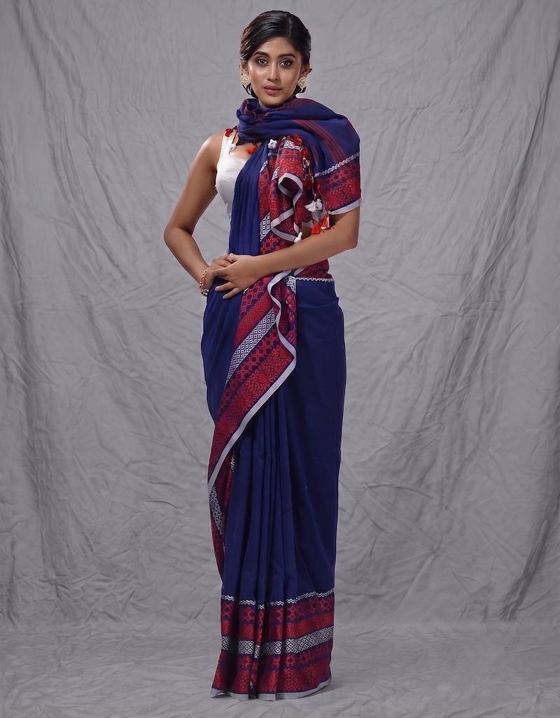 blue cotton blend handwoven saree with texture borders