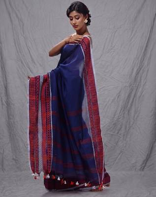 blue cotton blend handwoven saree with texture borders 2