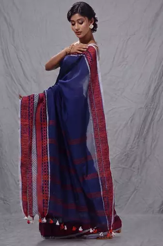 blue cotton blend handwoven saree with texture borders