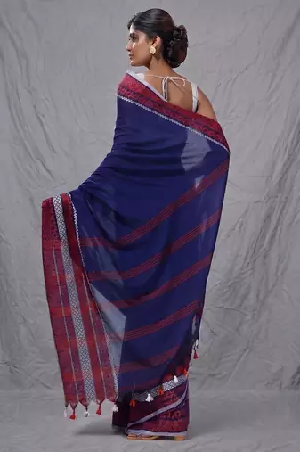 blue cotton blend handwoven saree with texture borders