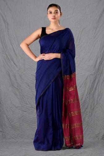 blue & maroon colourblocked cotton blend saree